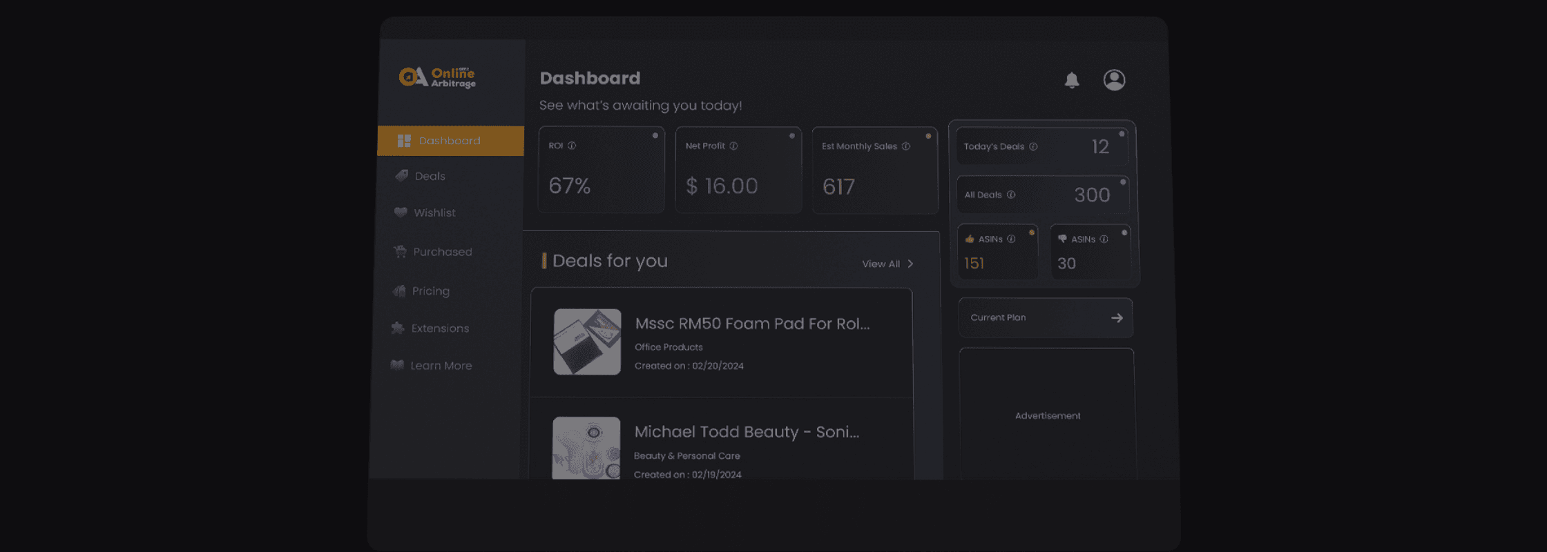 The dashboard includes a product restrictions checker, a FBA/FBM calculator and In-depth Keepa analytics (worth $19 per month, for free)